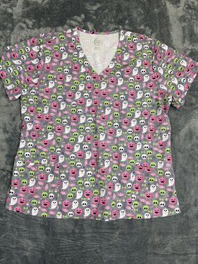 Halloween Divine Stretch Scrub Top Ghost & Pumpkin Short Sleeve V-Neck Size 2X